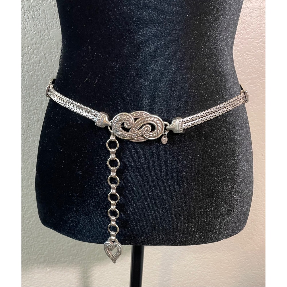 Brighton Bali Hai Adjustable Silver Chain Belt Braided Metal Scroll Heart Charm